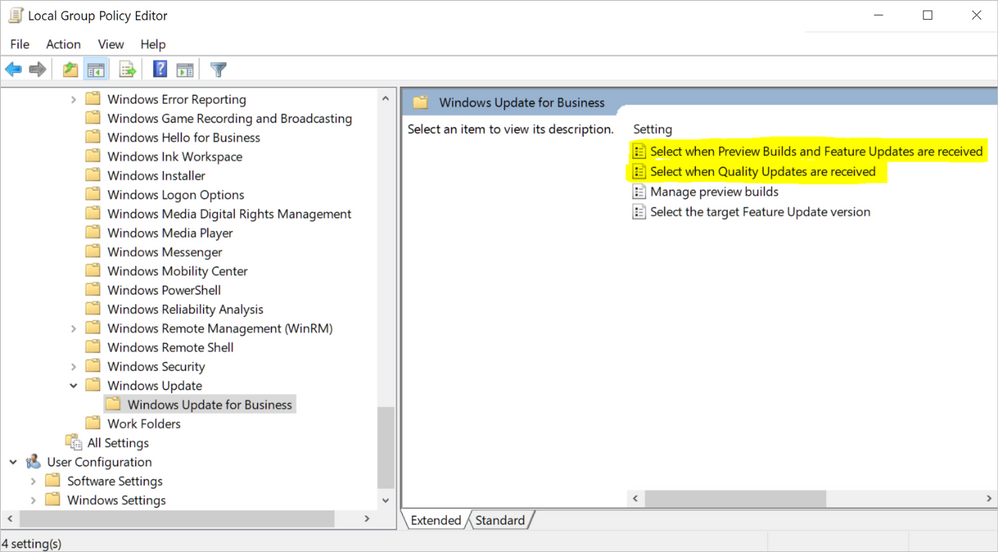 Windows Update for Business settings in the Local Group Policy Editor