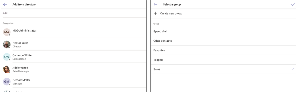 Add from directory (left) and Add to contact group (right)