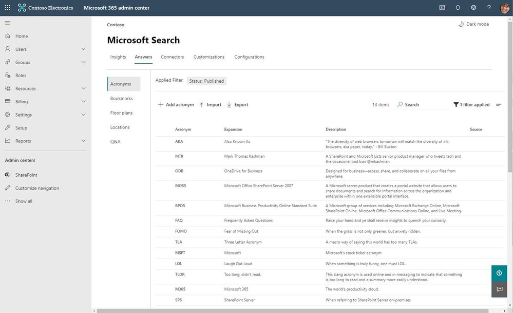 Search administrators can set up editorial acronyms on the Acronyms tab in the Microsoft Search admin center. You can add acronyms from any internal site or repository to the admin center.