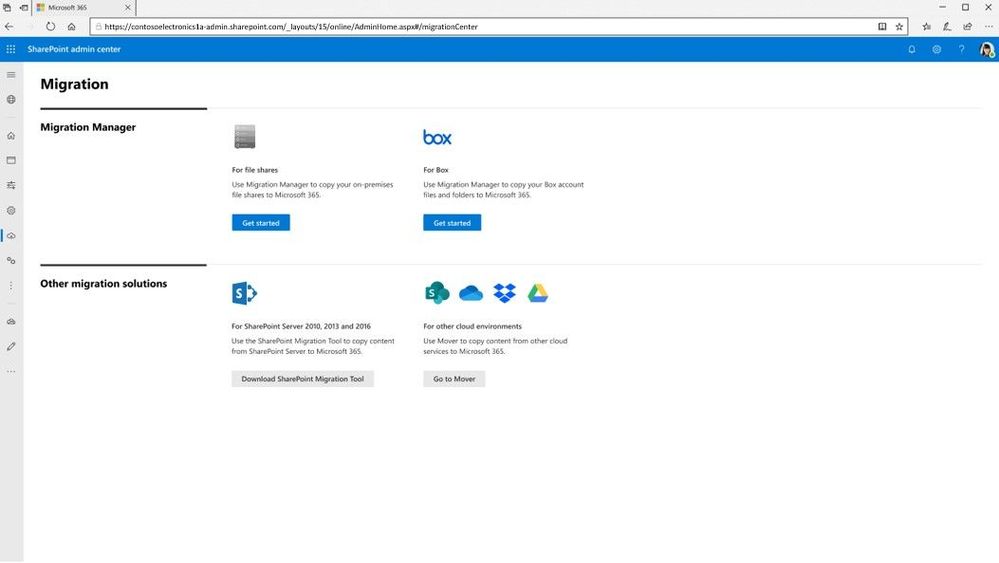 The new, consolidated page for Migration in the SharePoint admin center (Microsoft 365).