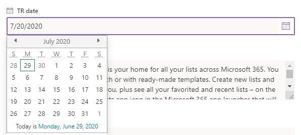 The new, inline Fluent Design date picker experience for a Date column in a list.