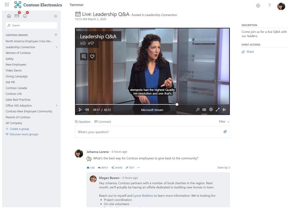 Create live events and have them show up directly in Yammer where viewers can participate in live discussion while watching.