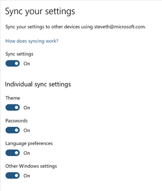 Sync settings options in Windows 10