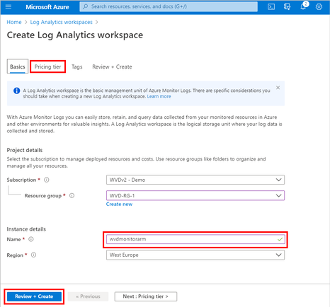 Reviewing and creating the Log Analytics workspace