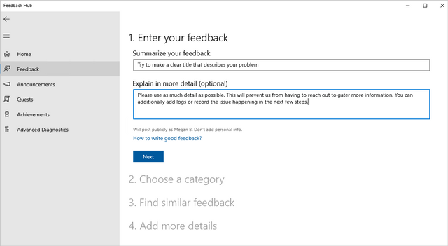 Screenshot of feedback options in Feedback Hub