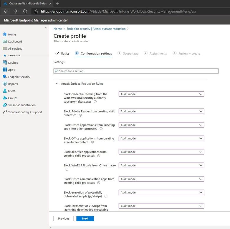 Configuring Settings for the ASR Policy