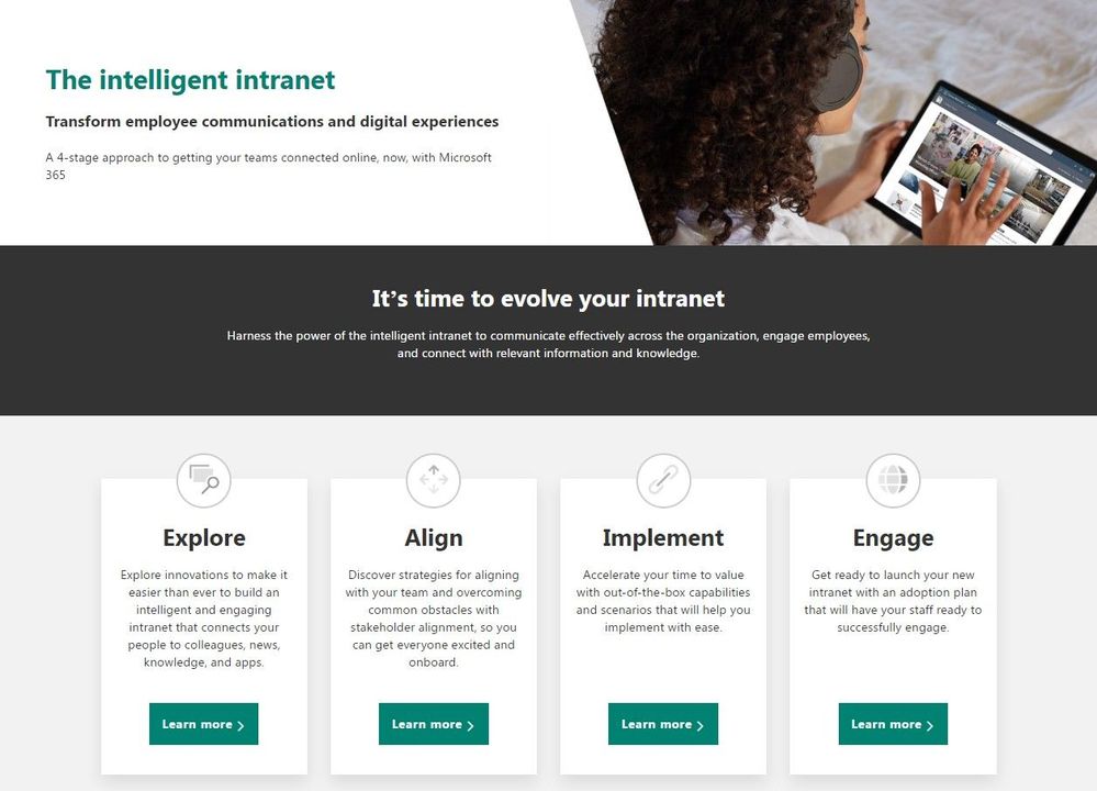Screenshot of the intelligent intranet resource center (aka.ms/IntelligentIntranet)