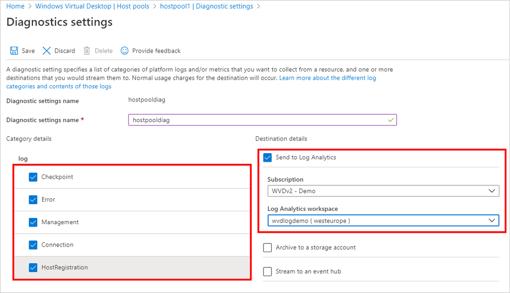 Specifying diagnostic settings and sending them to the Log Analytics workspace