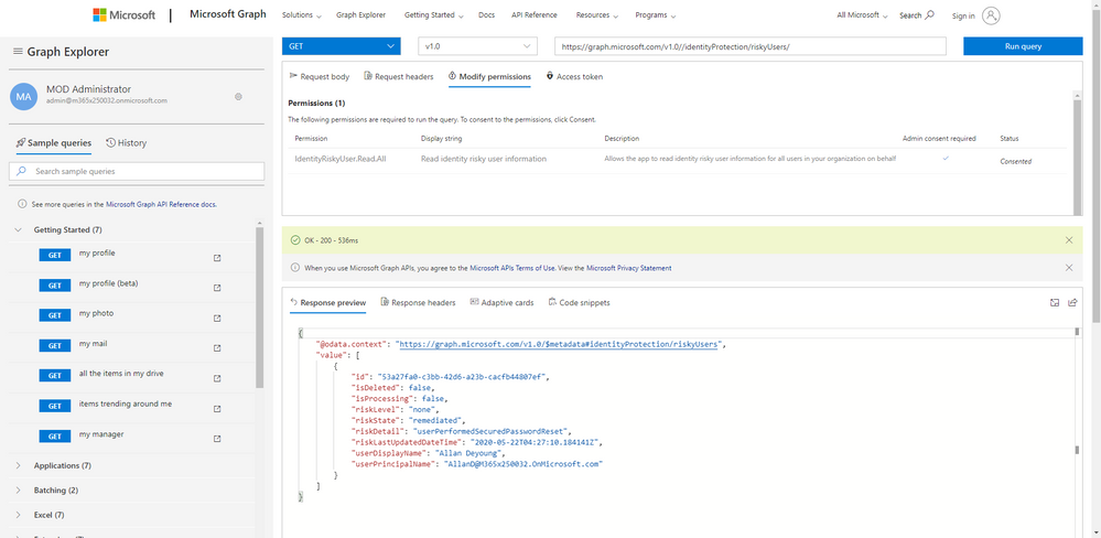 Query new Azure AD APIs in Microsoft Graph Explorer.