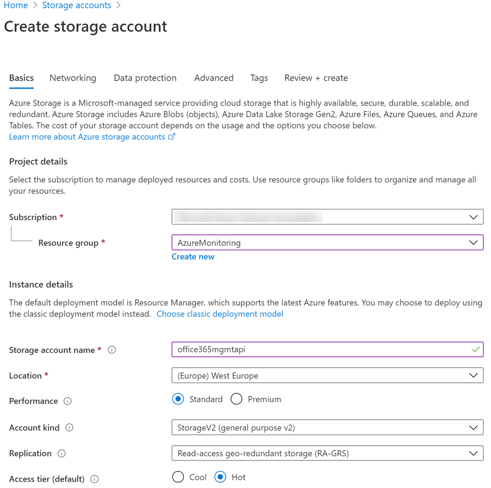 Figure 8: Create storage account