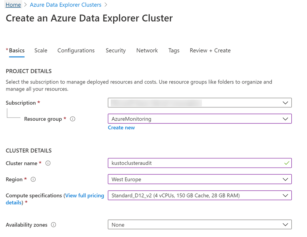 Figure 13: Create an Azure Data Explorer Cluster