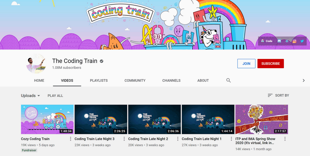 The Coding Train channel on YouTube