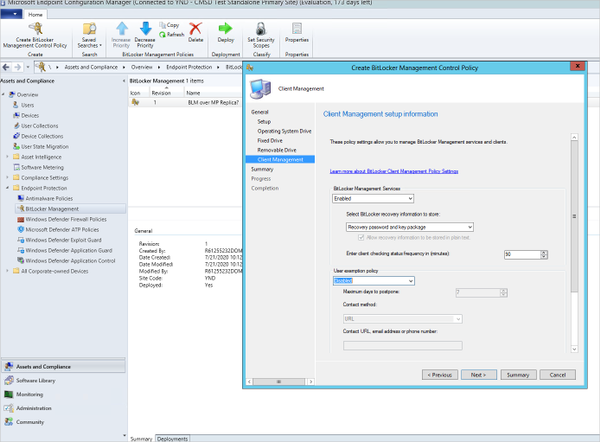 Configuring client management settings for the BitLocker Management Control Policy