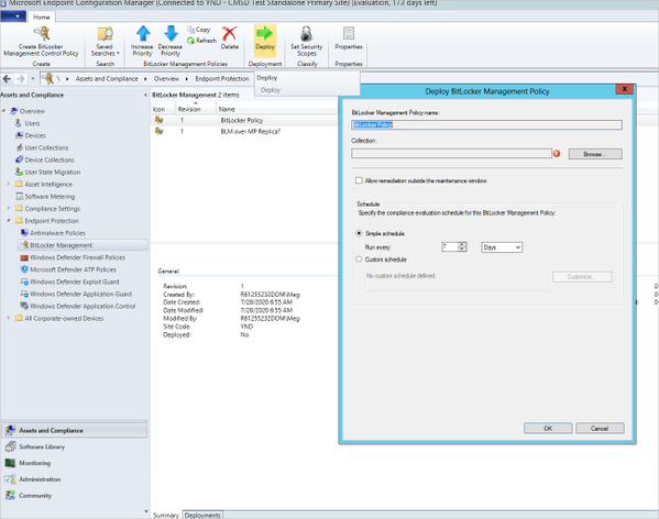 Deploying the new BitLocker Management Control Policy to a target collection in Configuration Manager