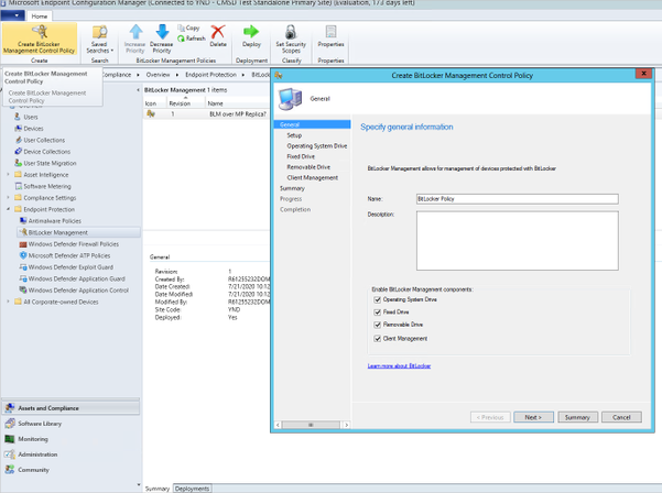 Creating a new BitLocker Management Control Policy to manage BitLocker on the Configuration Manager managed devices