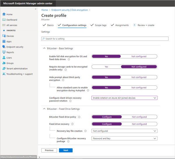 Configuring BitLocker settings in Microsoft Endpoint Manager