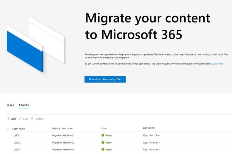 SharePoint admin center - Migration manager, showing multiple agents to scale migration.