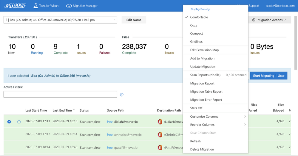 The Mover migration manager is the dashboard which gives you a summary of your overall migration; here showing an active migration of content from Google Drive into OneDrive.