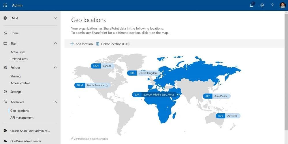Setting up and managing your multi-geo environment is done through the SharePoint admin center.