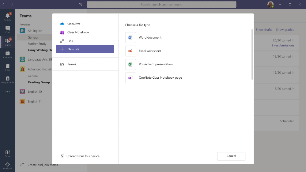 In Assignments, select a New File to create a new OneNote page
