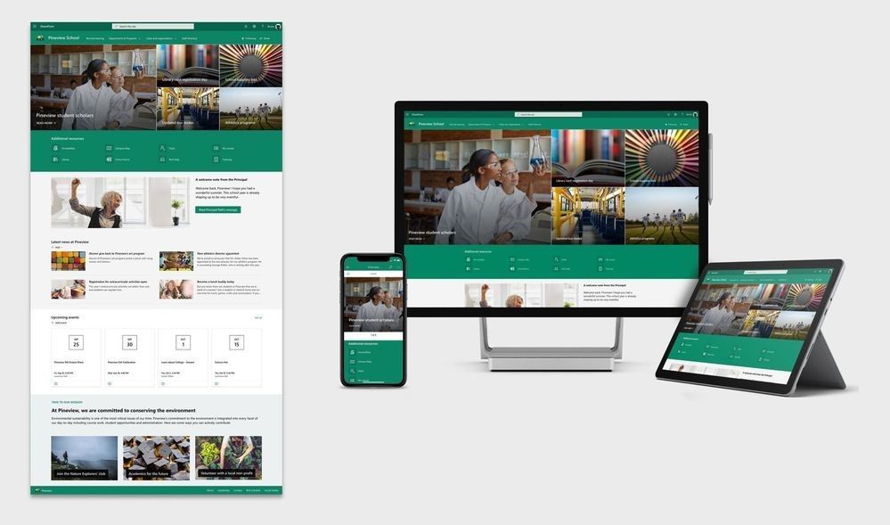 SharePoint site template: "School home page" - across several screen sizes.