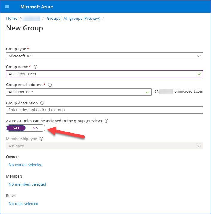 Figure 2: Creating a new Microsoft 365 group in the Azure Portal
