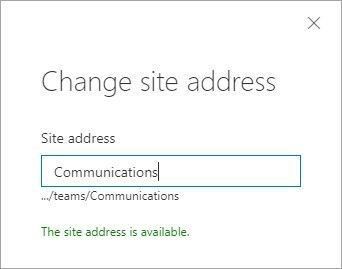 Change the site URL by typing the new desired site address, seeing if it's available, and clicking OK.