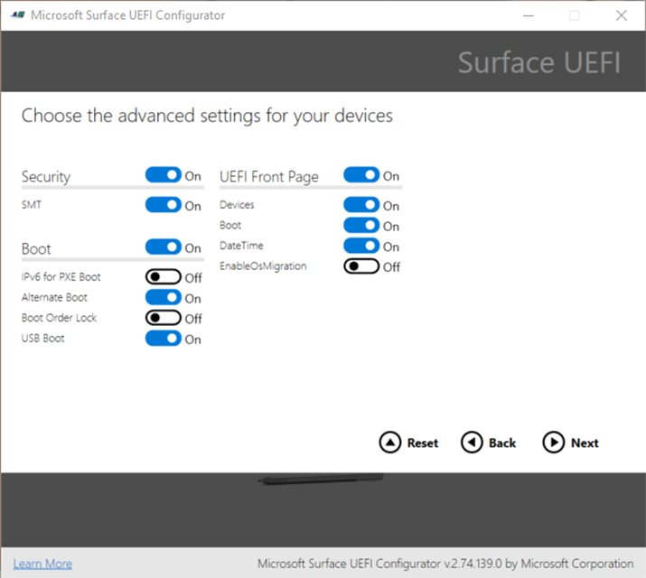 Photo of the Microsoft Surface UEFI Configuratuor showing the new EnableOSMigration setting