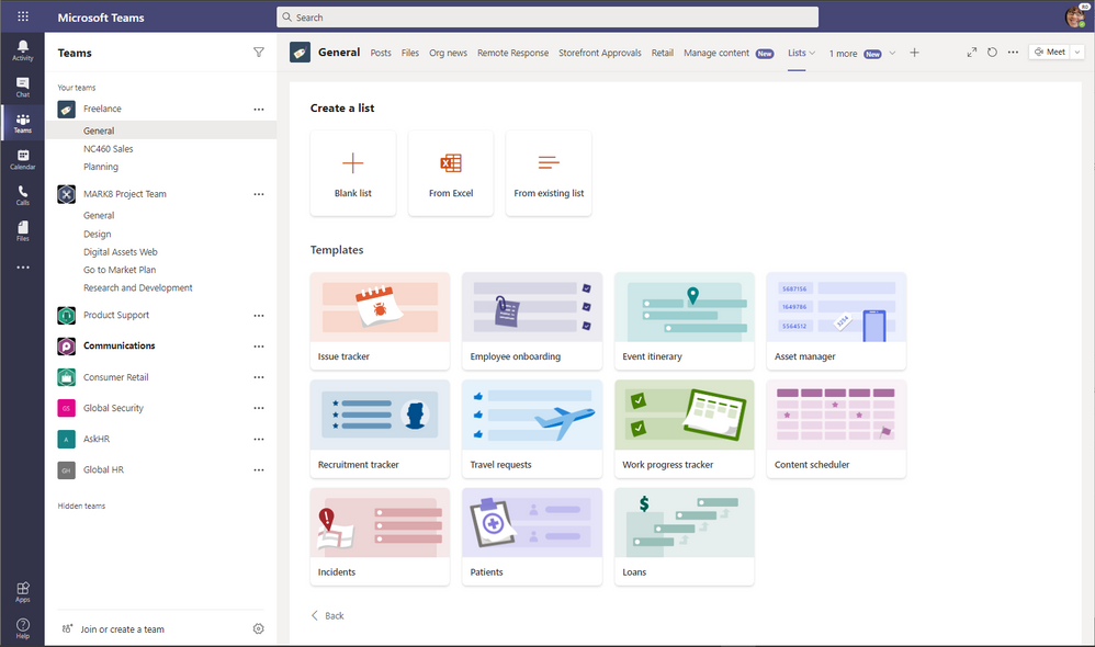Create a new list from within Microsoft Teams and choose from numerous ready-made templates, including the new industry-specific ones.
