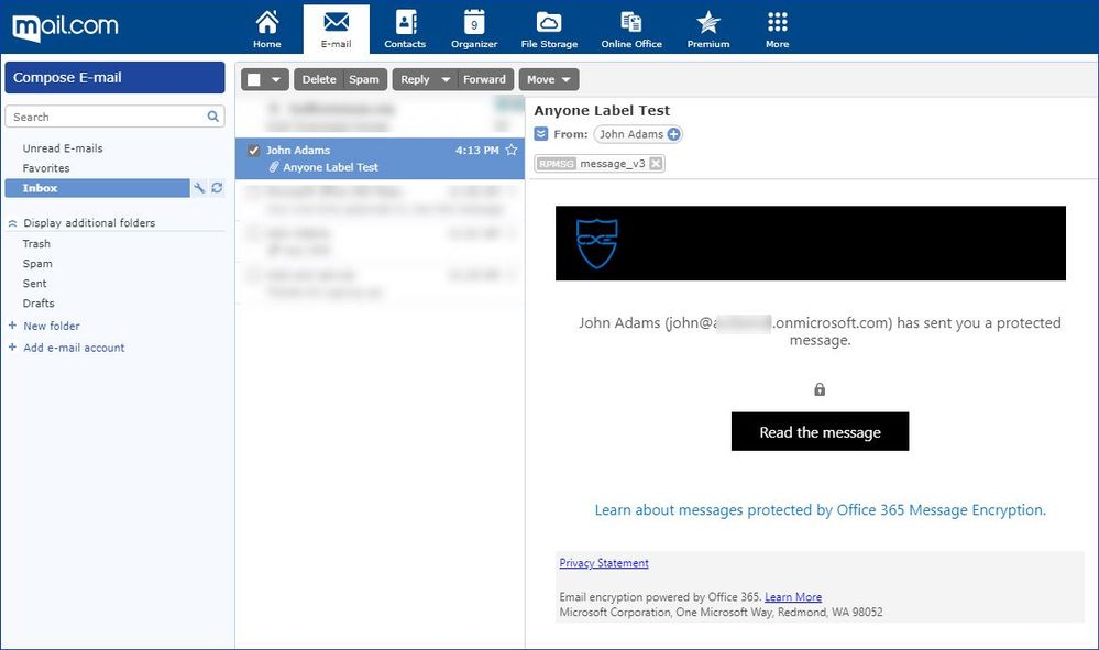 Figure 12: Protected email sent to a mail.com user.