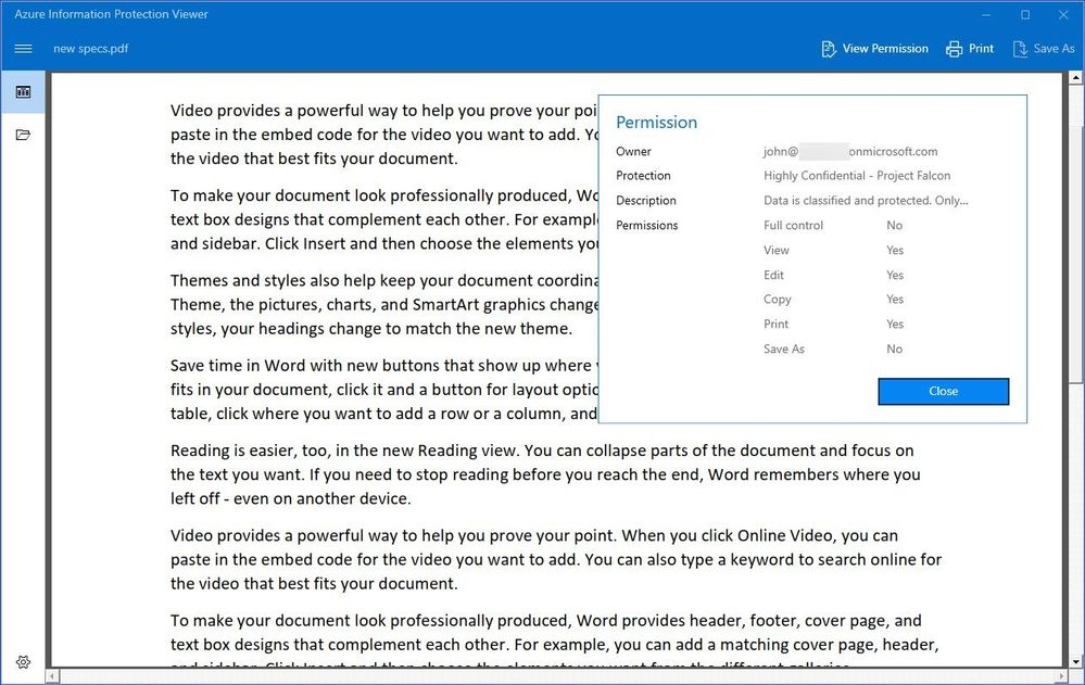Figure 19: Accessing a protected document using a Microsoft Account associated with a mail.com email address in Office 365 on Windows.