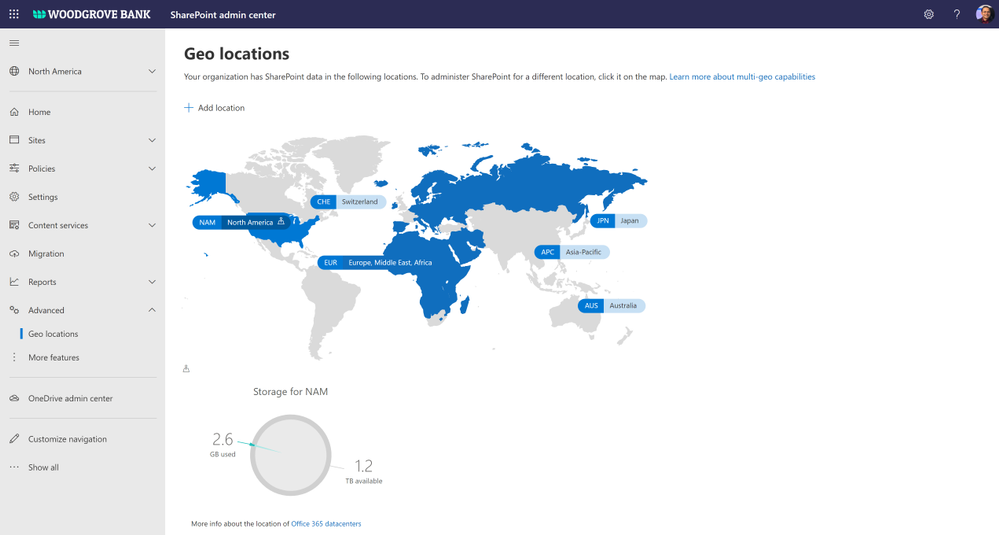 Figure. SharePoint admin center showing tenant spanned across multiple geo locations