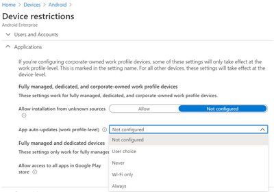 Android Enterprise - Device restriction profile settings