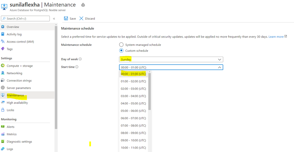 Screenshot from the maintenance settings for Azure Database for PostgreSQL flexible server in the Azure Portal, showing where you can select the day of week and start time for your maintenance schedule.