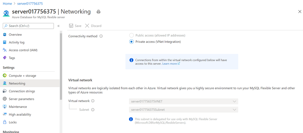 Screenshot showing Networking blade in Azure portal for Azure Database for MySQL – Flexible Server