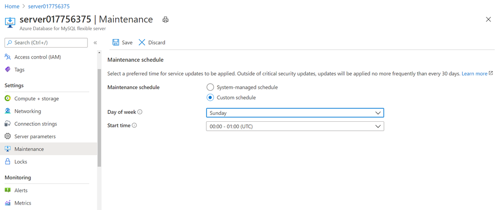 Screenshot showing Maintenance blade in Azure portal for Azure Database for MySQL – Flexible Server to schedule planned maintenance