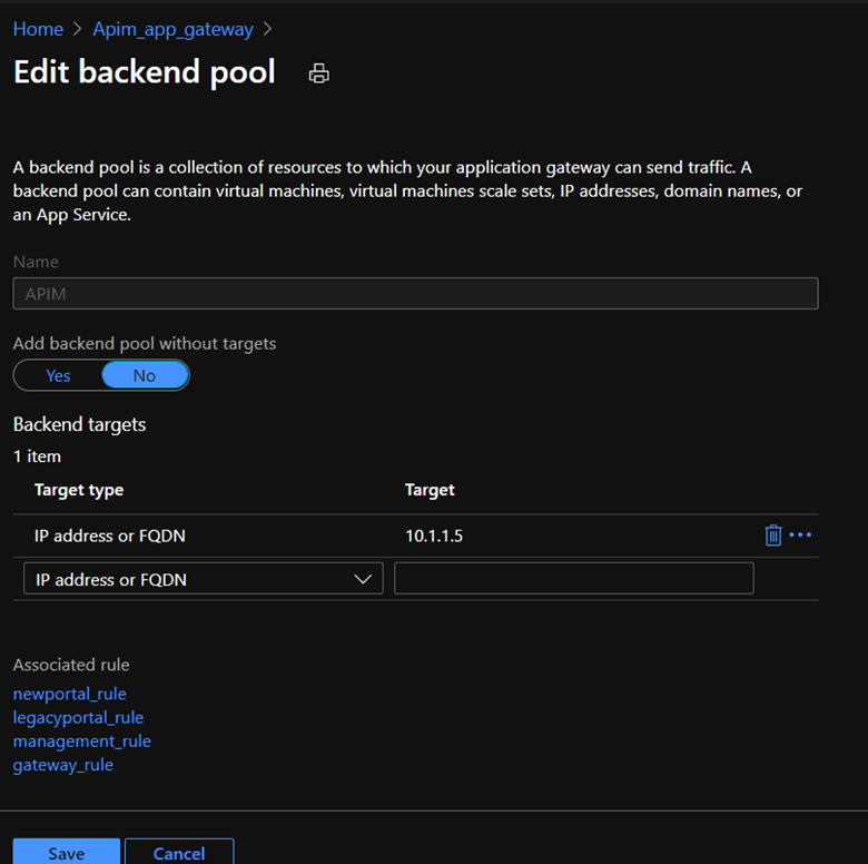 Application Gateway backend pool setting