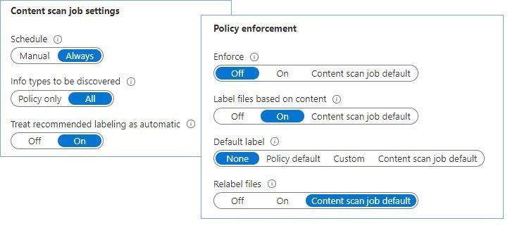 Figure 24: Set of options that tells the scanner to inspect files for all SITs available in the tenant, report results, but don’t apply any label.