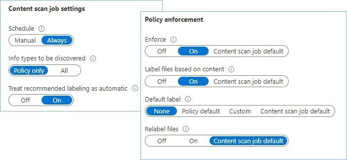 Figure 25: Set of options that tells the scanner to inspect files for SITs configured in the labels published to the scanner account and apply the corresponding label.