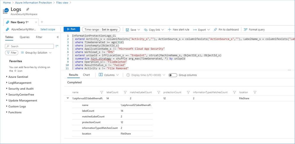 Figure 35: Example Kusto query within Azure Information Protection logs workspace.