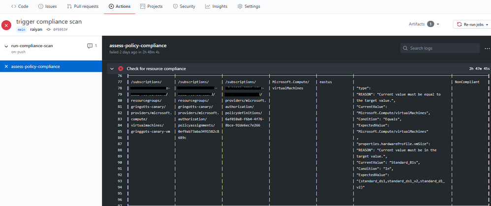 Screenshot of the Azure Policy compliance scan on GitHub Actions