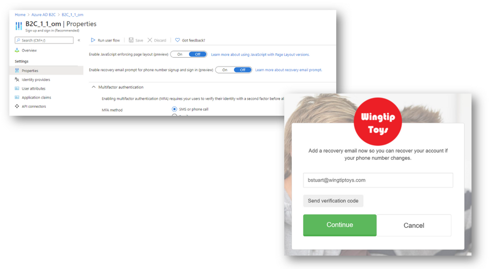 Admin experience for configuring the recovery email prompt during sign-up and sign in (left) and the resulting end user experience (right).