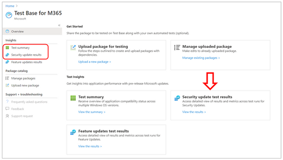 Where to find security update test results in Test Base for Microsoft 365