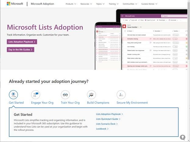 Screenshot showing the Microsoft Lists adoption center at https://aka.ms/ListsAdoption.