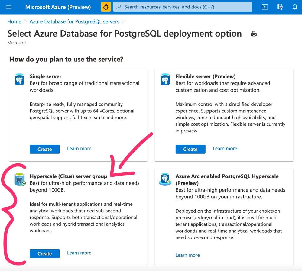 Figure 1: Screenshot of the Azure Portal’s provisioning page for Azure Database for PostgreSQL, showcasing the deployment options, including Hyperscale (Citus).