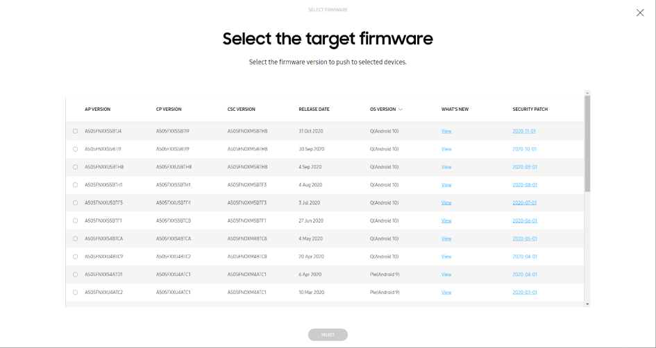 Knox E-FOTA portal - Selecting the target firmware to push to devices