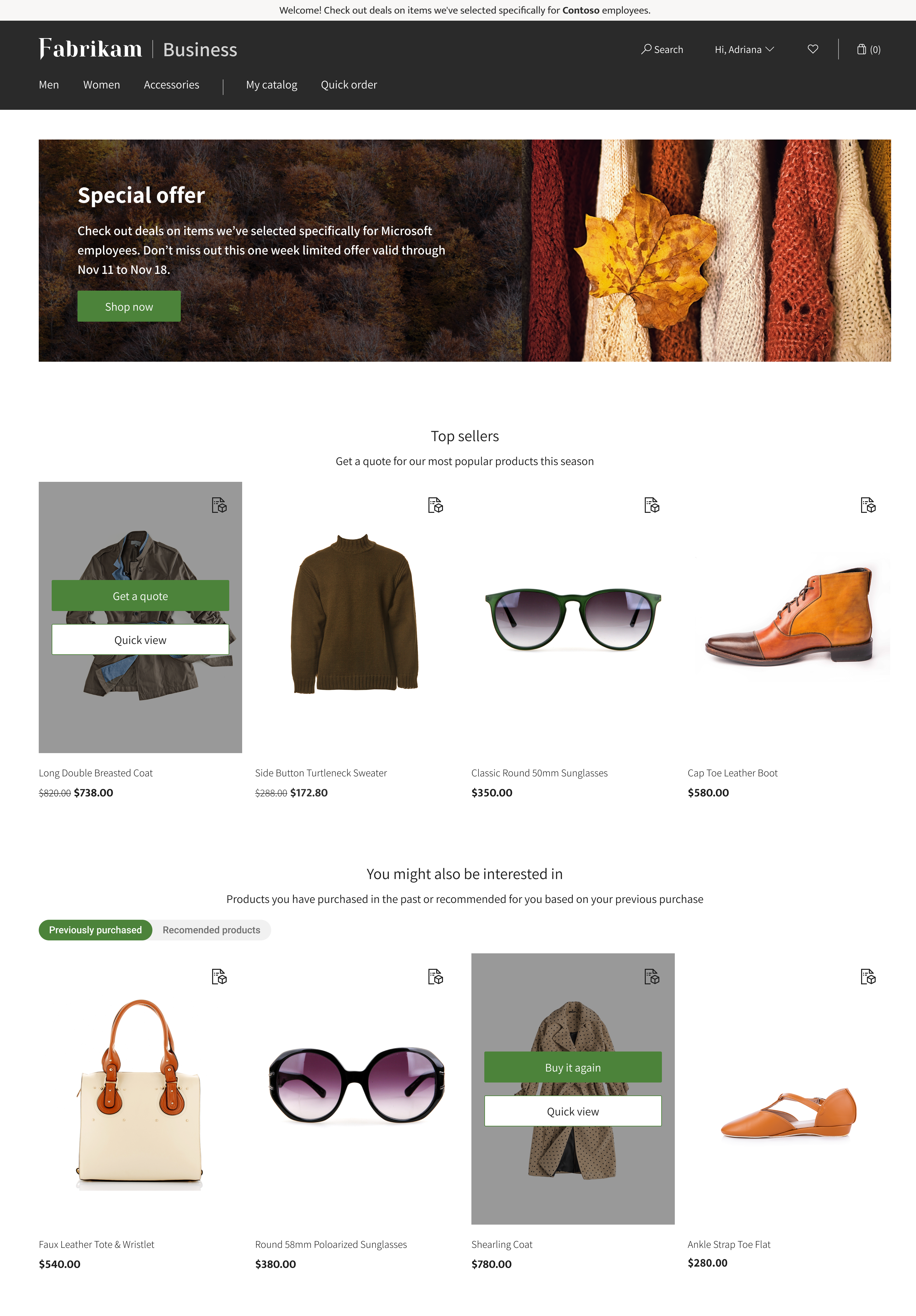 An e-commerce page with Fabrikam Business header and Special offer banner at the top. Product images are showcased with headers of 