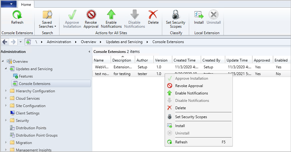 Manage console extensions in Configuration Manager Technical Preview 2101