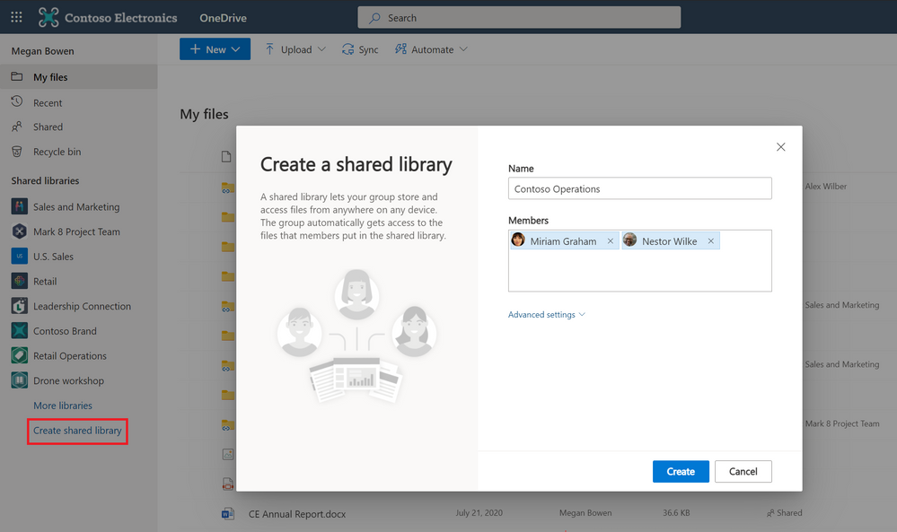 Create shared libraries from directly within OneDrive on web.