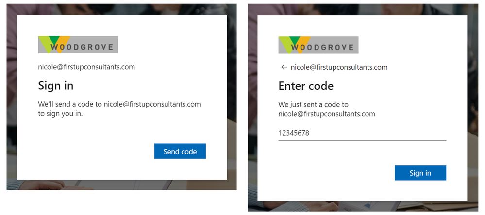 Nicole, a marketing consultant to Woodgrove Bank, accesses Woodgrove resources by verifying her email address.